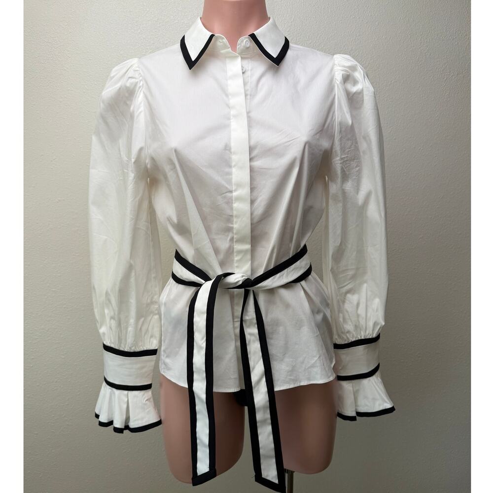 Alice + Olivia White Black Bow Tie Blouse Women S